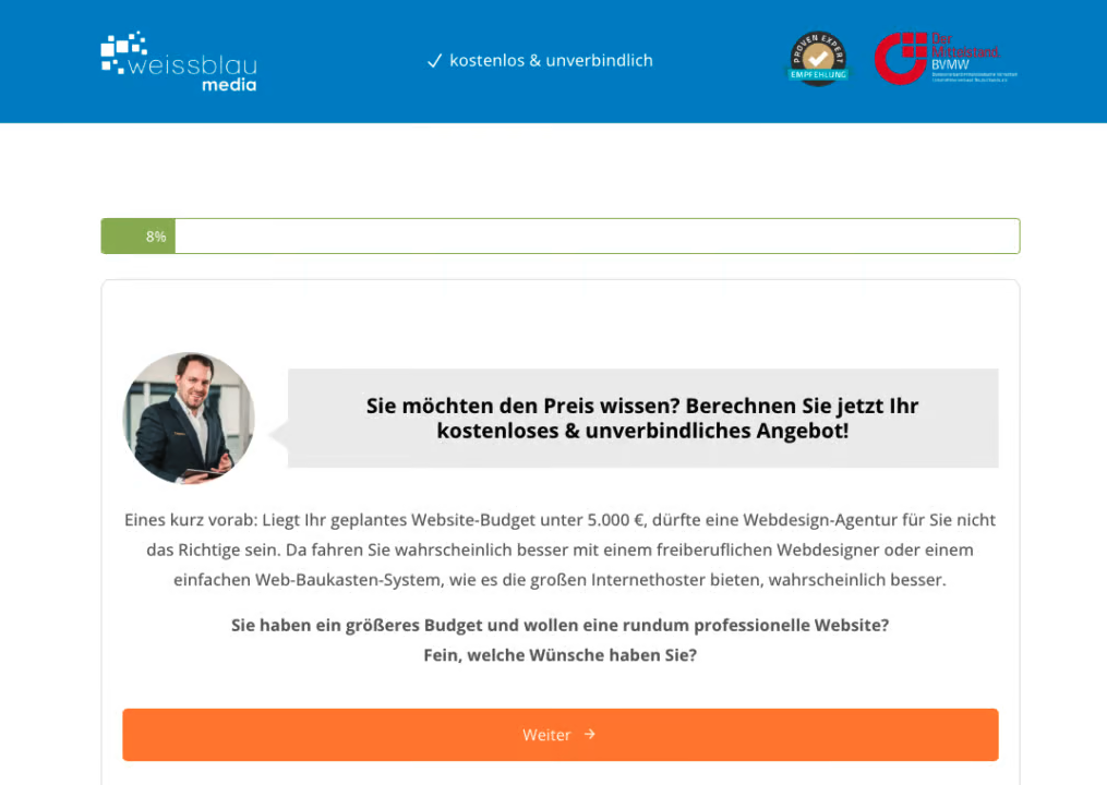 Screenshot eines Agentur Formulars mit Webdesign-Preis